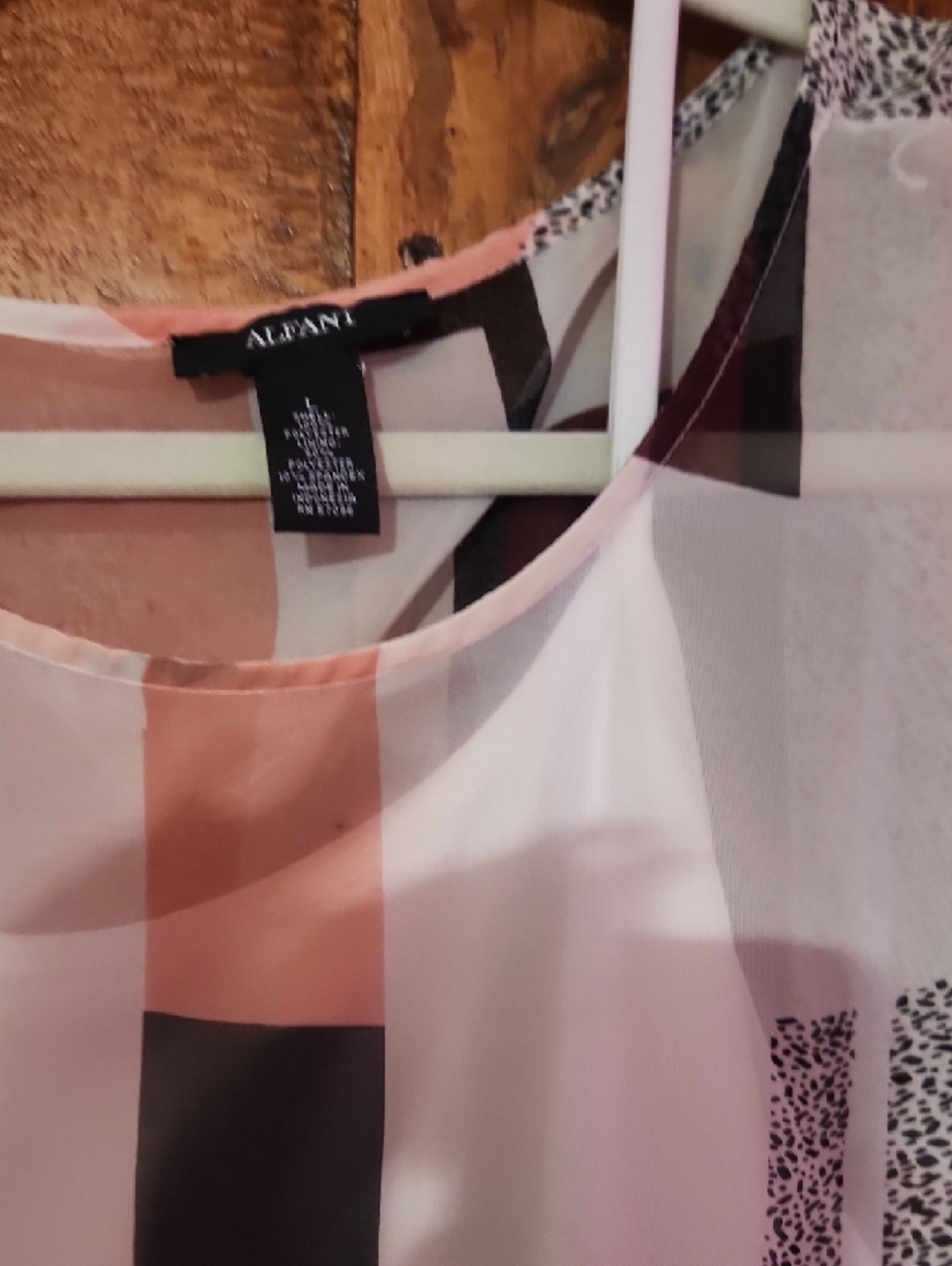 Alfani Geometric Sheer Blouse in Blush, White & Brown - Picture 4 of 6